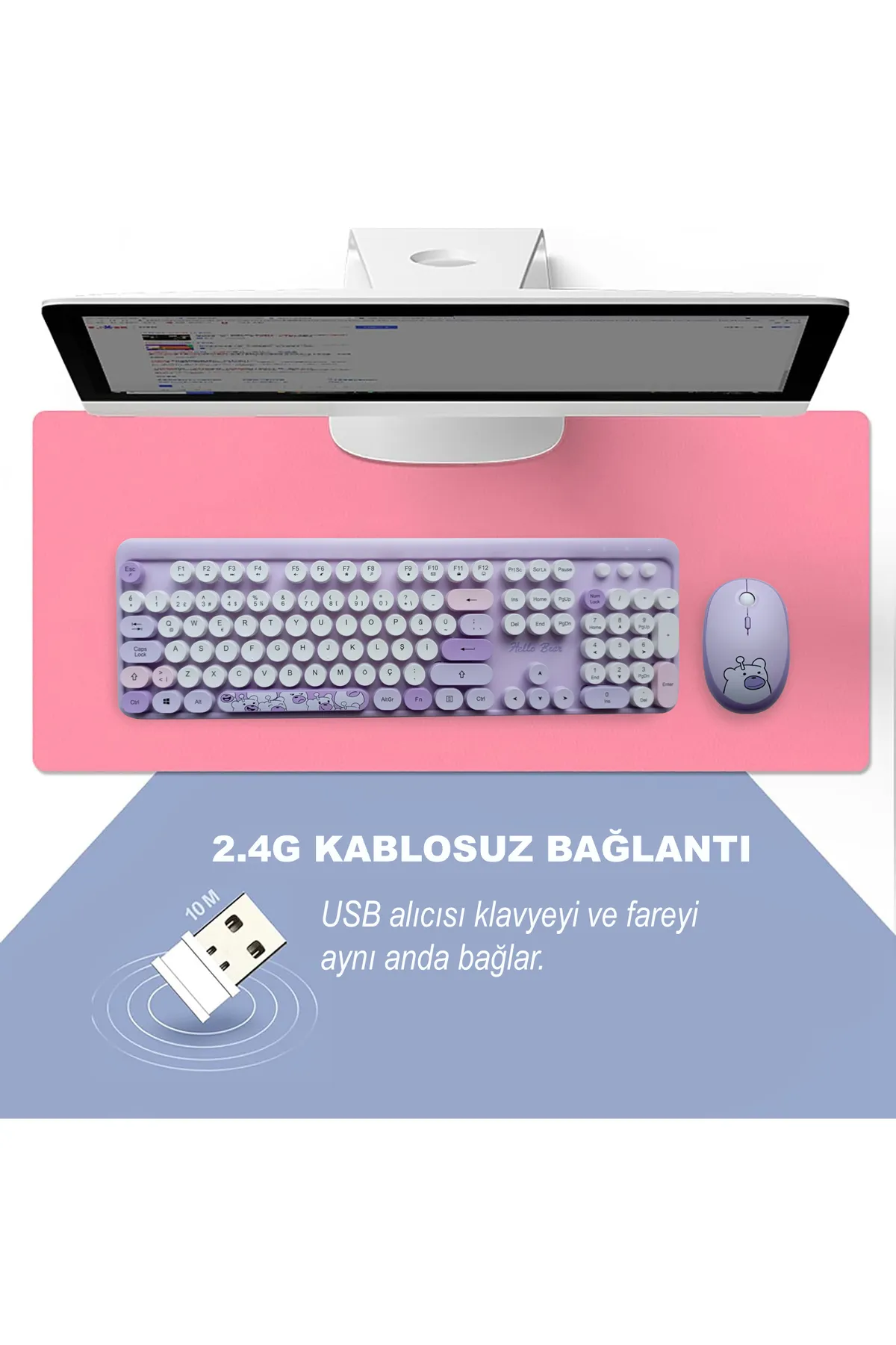 Mofii Hellobear Yuvarlak Tuşlu Ayıcık Desenli Kablosuz Mor Klavye Mouse Set